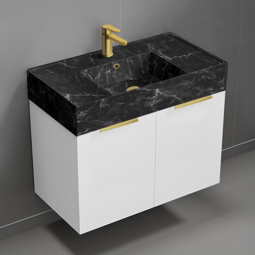 Nameeks DERIN1000 32 Inch Bathroom Vanity With Black Marble Design Sink, Modern, Wall Mount, Glossy White